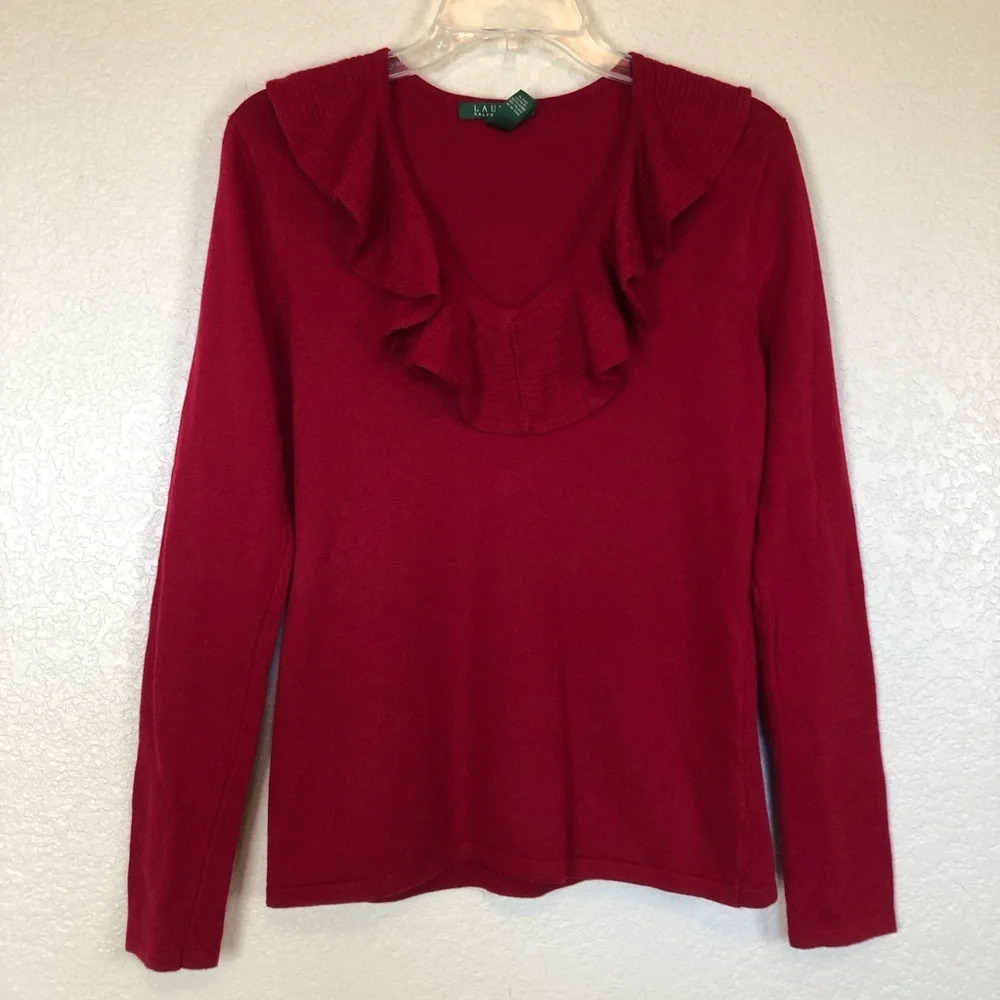 Lauren Ralph Lauren Silk Cashmere Blend Sweater Medium Ruffle Trim Collar Red